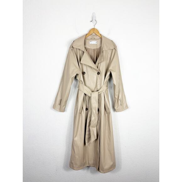 ASOS DESIGN Tan Faux Leather Trench Coat Size 12 Long Preppy Chic Minimalist - Picture 3 of 15